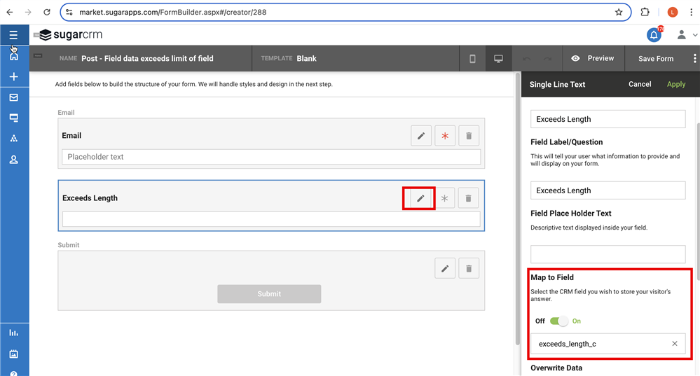 image showing that the form field is being mapped to the exceeds_length_c field in Step 2 of editing the form.