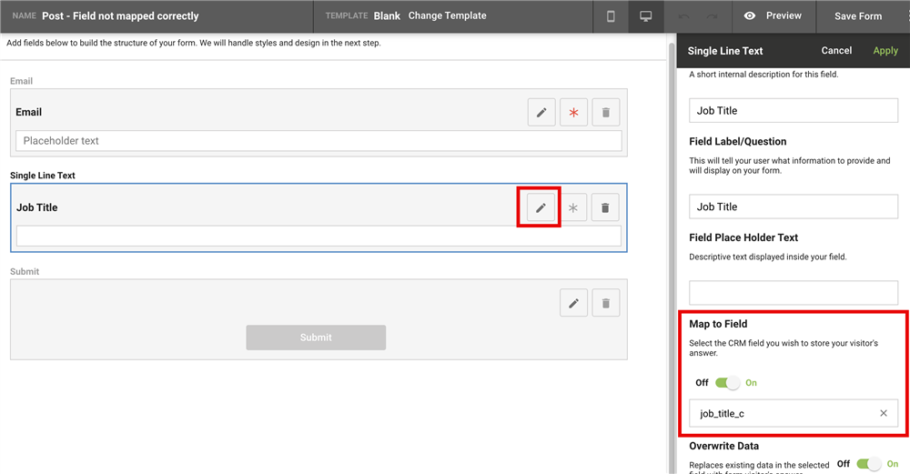 image showing the Title field being mapped incorrectly to the job_title_c field