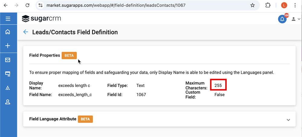 image showing the maximum characters that this field can have in Admin > Field Definitions > Leads/Contacts 