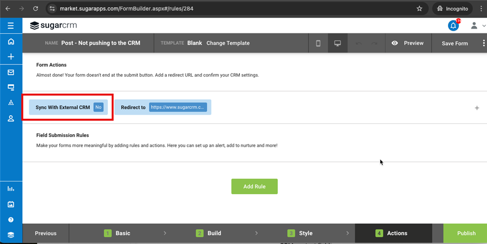 image showing the "sync with external crm" setting in step 4 when editing the form.