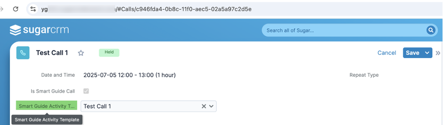 Smart guide activity template on a Call record view