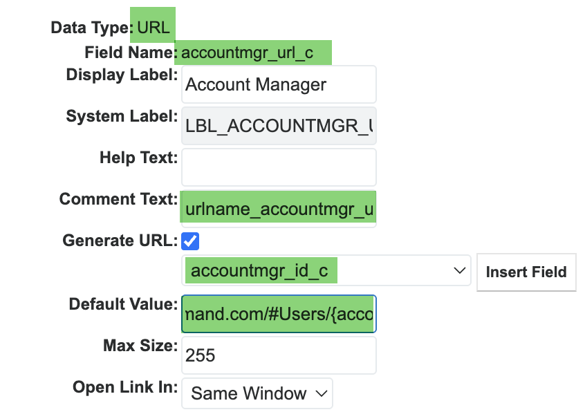 Clickable URL field representing Account Manager