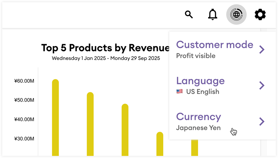 currency selector with Japanese yen selected